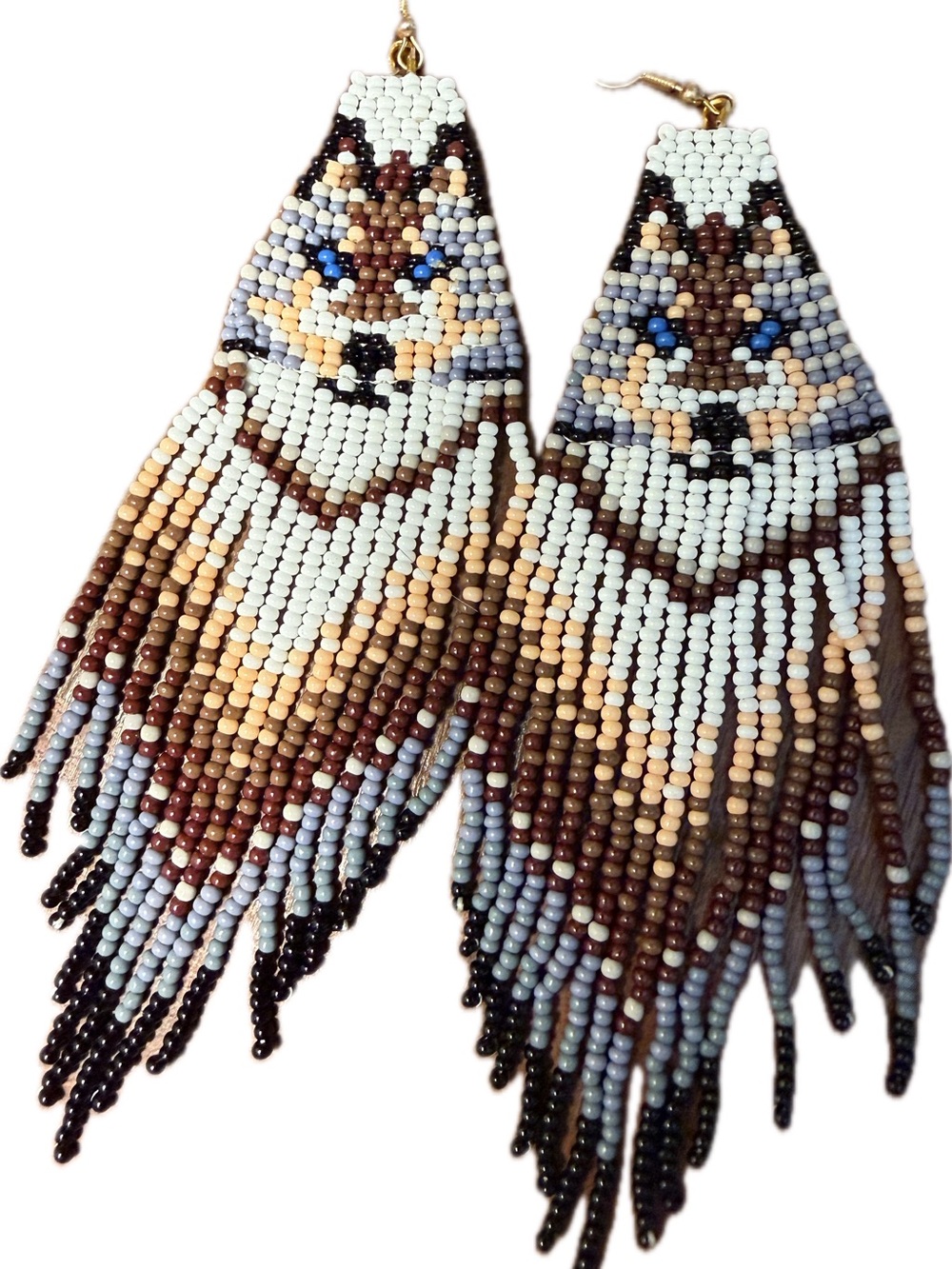 Handmade Brown & Cream Seed Bead Wolf Fringe Earrings